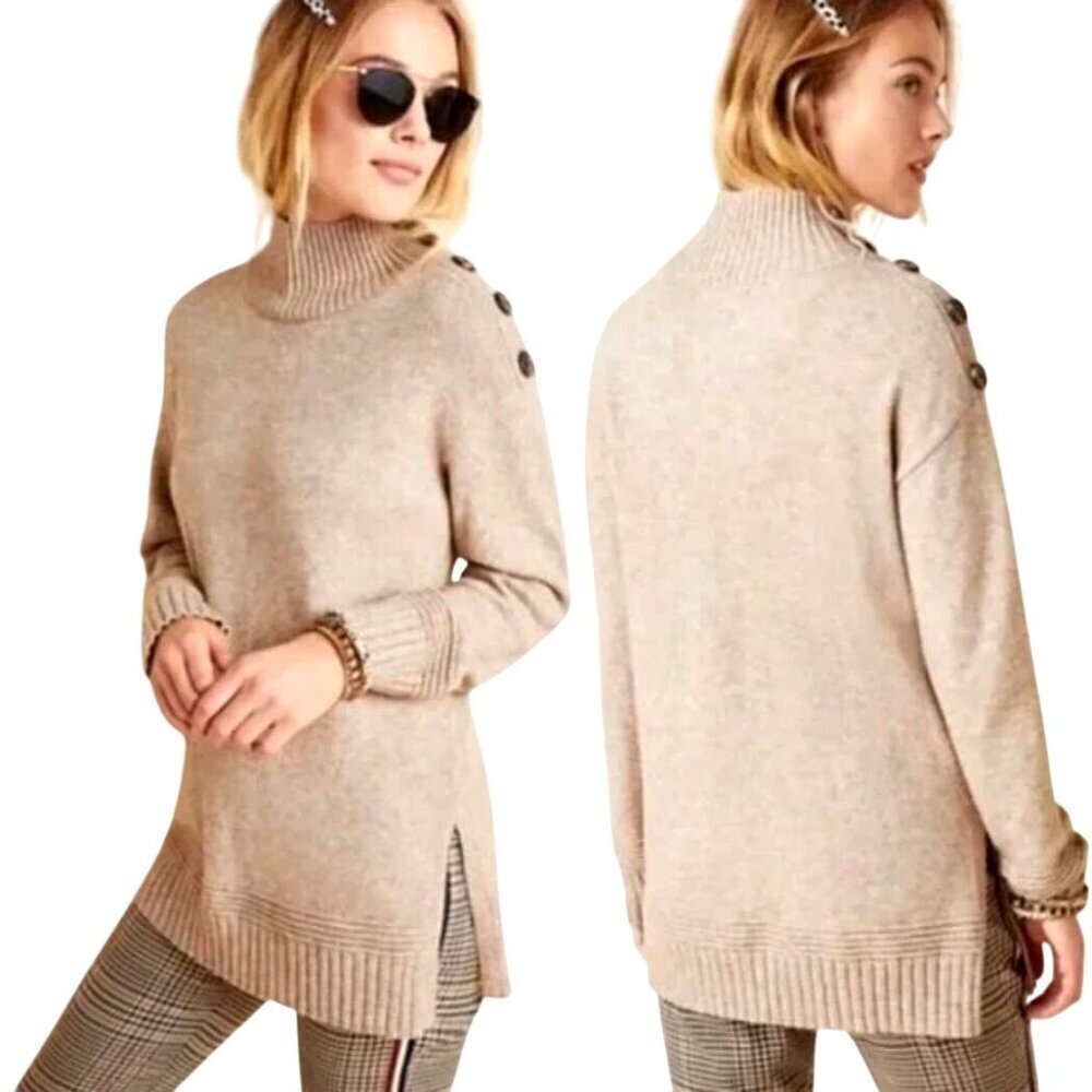 Anthropologie‎ Sweater Women XS Beige Tan Knit Button Shoulder Margarita Tunic